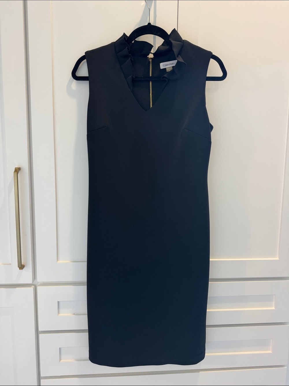 Calvin Klein Black Sleeveless V-Neck Midi Dress with Ruffle Collar